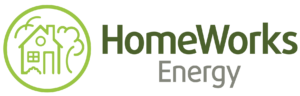 A line art icon of a house, with a tree standing over it on the right, and a seagull flying above on the left, all contained within an outlined circle. The words HomeWorks Energy read on the right, stacked centered, in dark green and grey type.