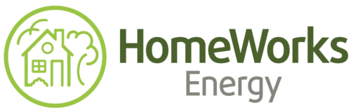 A line art icon of a house, with a tree standing over it on the right, and a seagull flying above on the left, all contained within an outlined circle. The words HomeWorks Energy read on the right, stacked centered, in dark green and grey type.